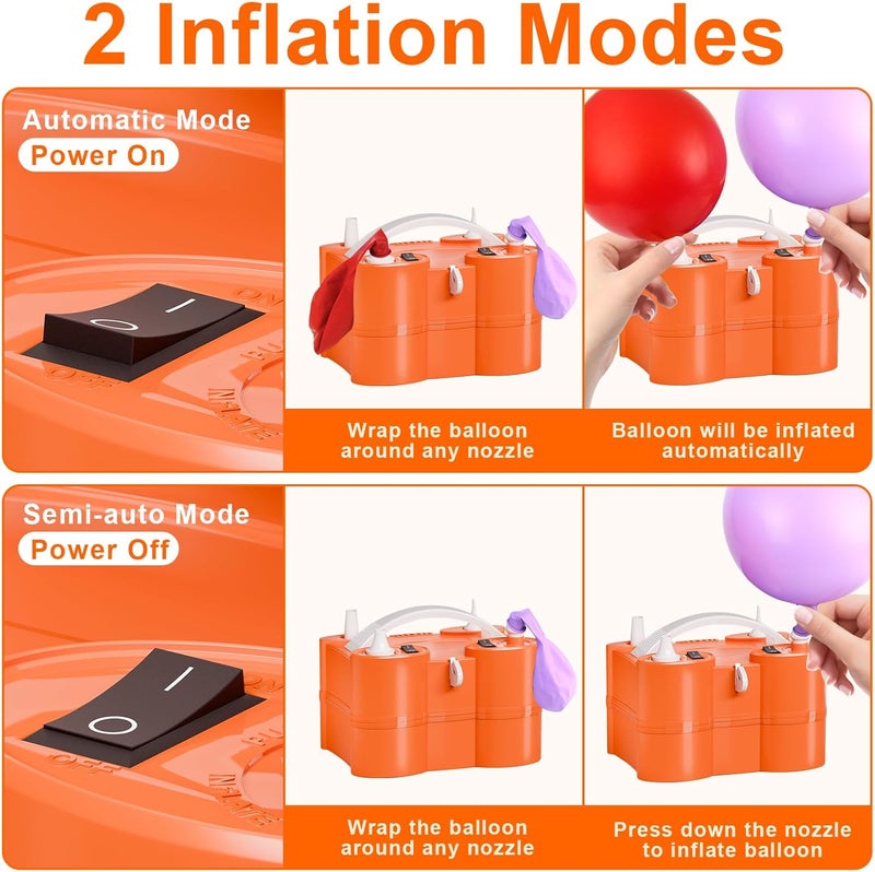 FLSEPAMB Electric Balloon Pump, 3-in-1 Portable Electric Air Balloon Blower Machine Balloon Pump 2 Motor Dual Nozzle Balloon Inflator for Latex 260Q Long Foil Balloons Swimming Rings Air Beds - Image 5